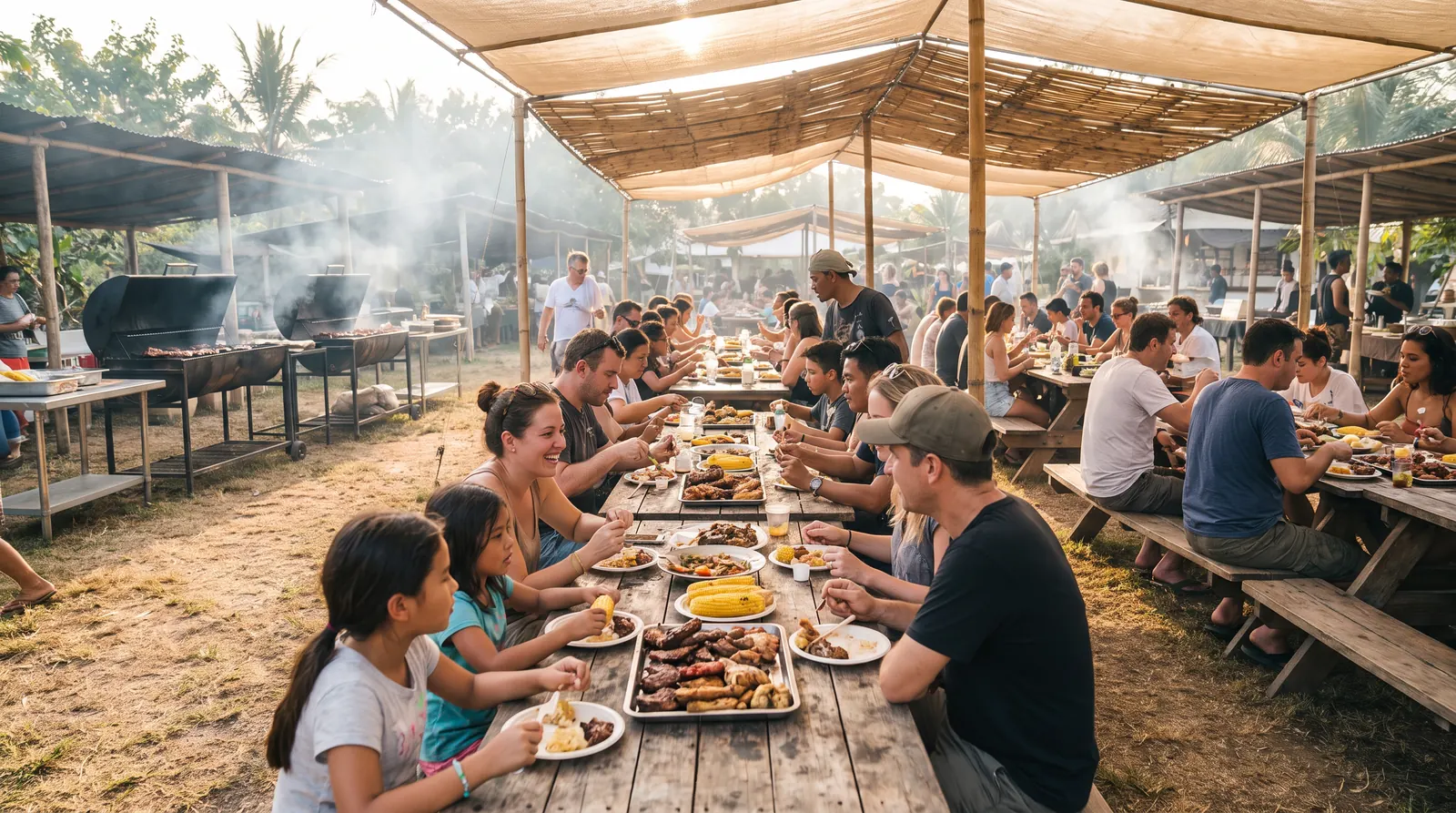 Mesas largas bajo toldos con familias comiendo