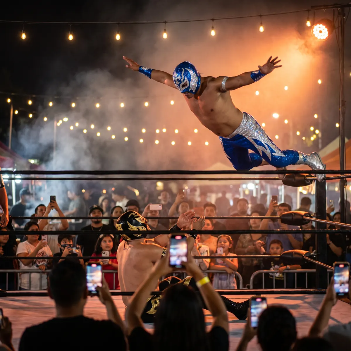 Luchador de máscara azul volando desde las cuerdas sobre su rival, con el público grabando